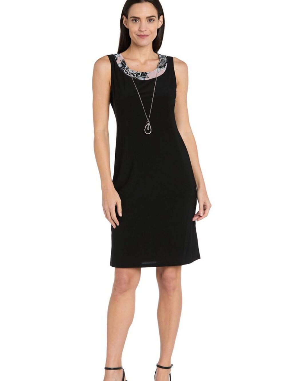 R&M Richards Black Sleeveless Dress With Printed Collar Detail & Necklace